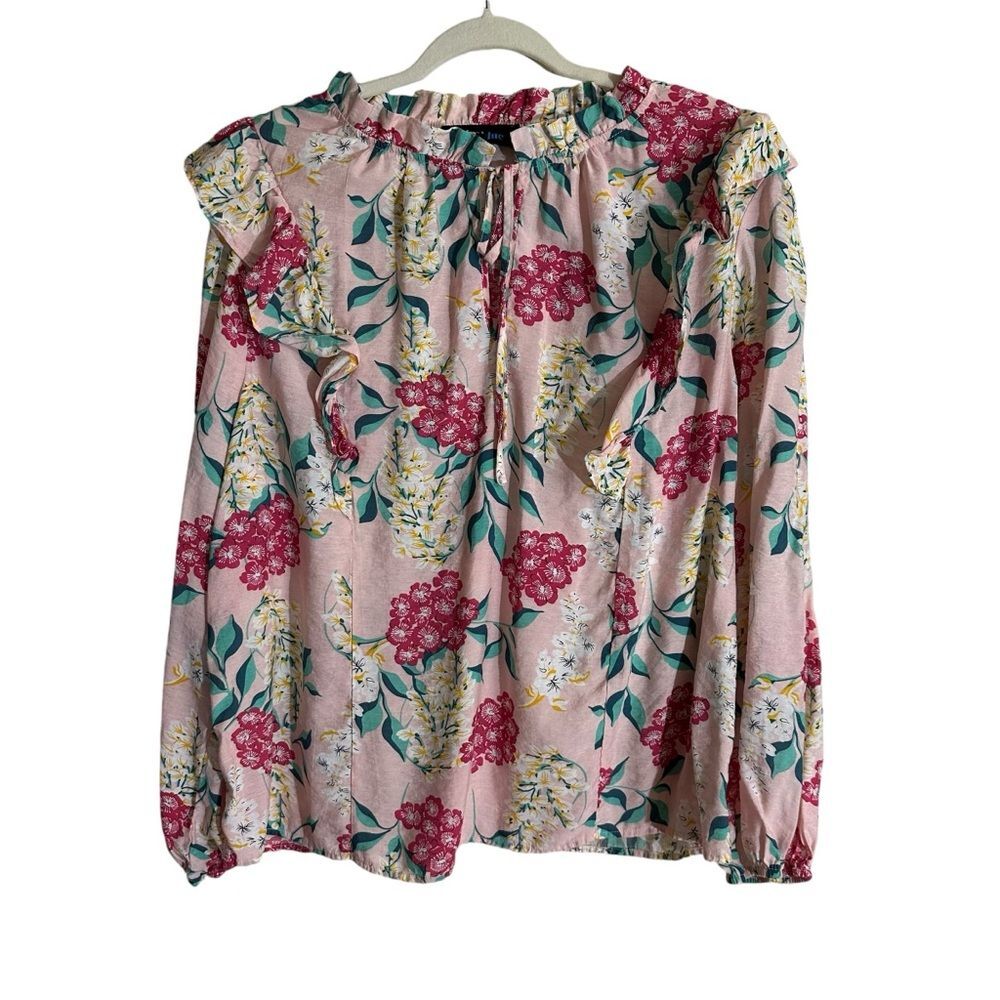 Alice Blue Floral Print Ruffle Neck Tie Front Long Sleeve Blouse Top‎ Plus 2X
